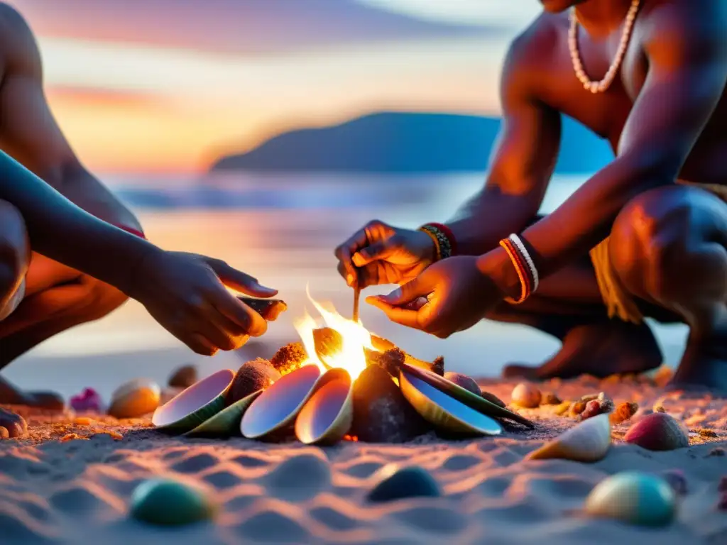 Grupo indígena realiza ritual con suplementos marinos en playa al amanecer, con colores vibrantes y atmósfera mística