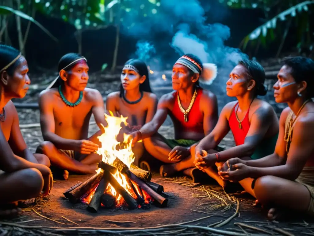 Grupo indígena escucha rituales amazónicos a través de leyendas junto al fuego en la selva