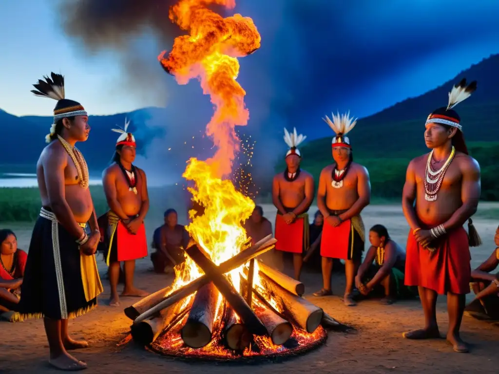 Grupo indígena realiza rituales ancestrales cambio climático alrededor de fogata en paisaje natural impresionante