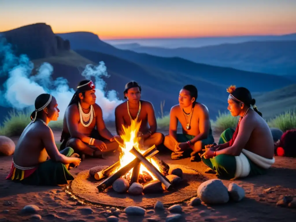 Grupo indígena realiza rituales ancestrales solsticio alrededor de fuego sagrado, bajo atardecer místico