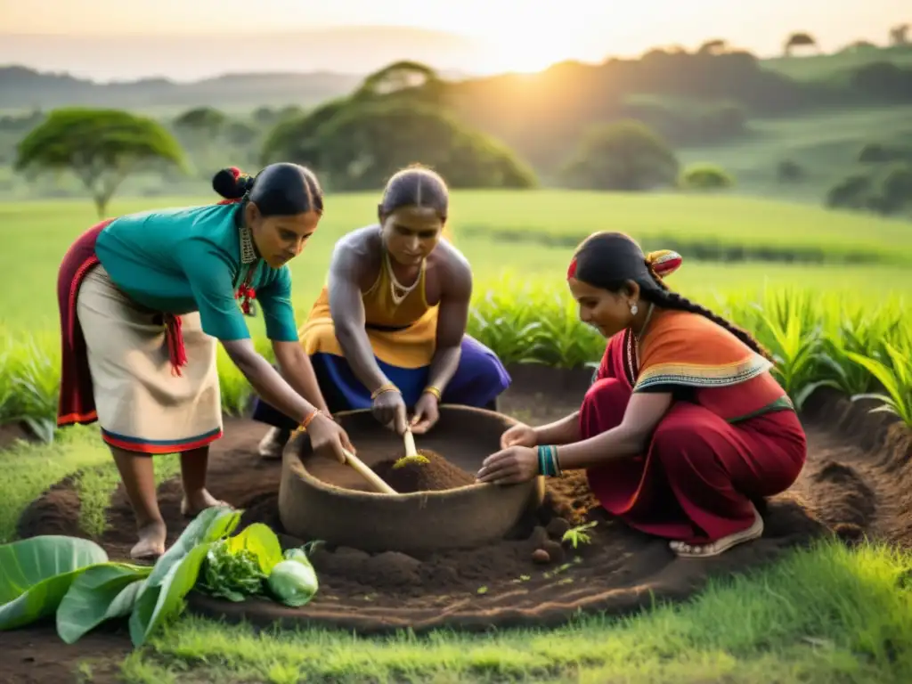 Grupo indígena realiza rituales de plantación en culturas, sembrando en campo verde bajo el cálido sol dorado