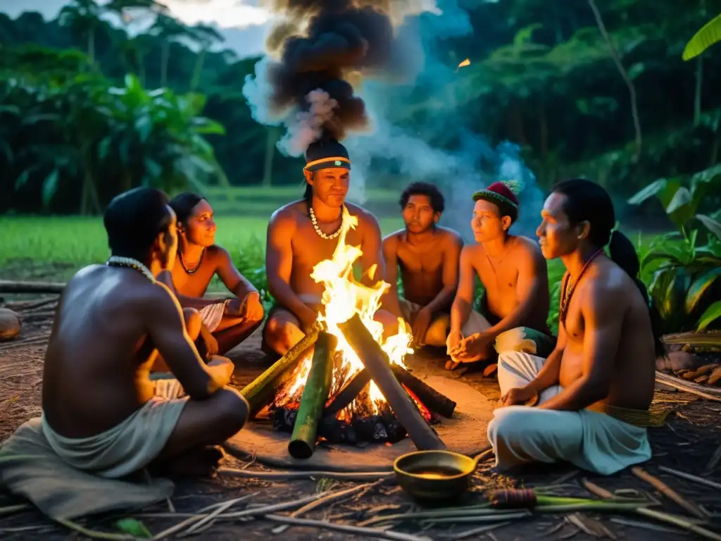 Grupo indígena realiza rituales de curación con Ayahuasca Amazonía alrededor del fuego en la selva al anochecer, conectados con la naturaleza