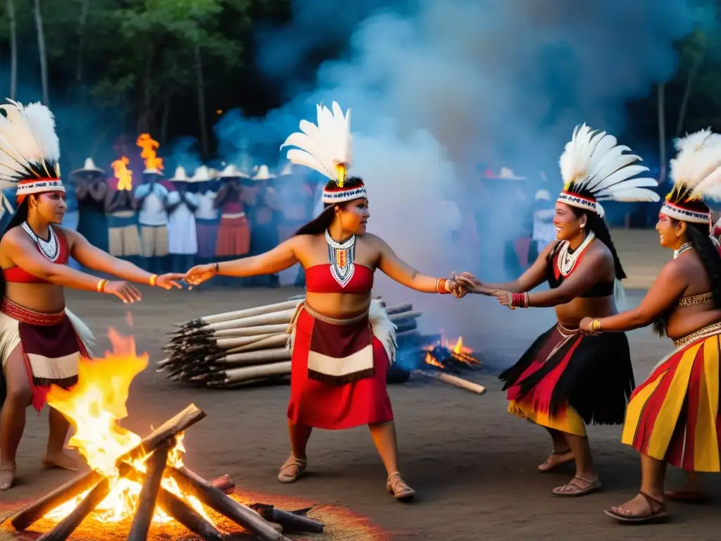 Grupo indígena preservando rituales en peligro, danzando alrededor de fogata en atuendos tradicionales vibrantes