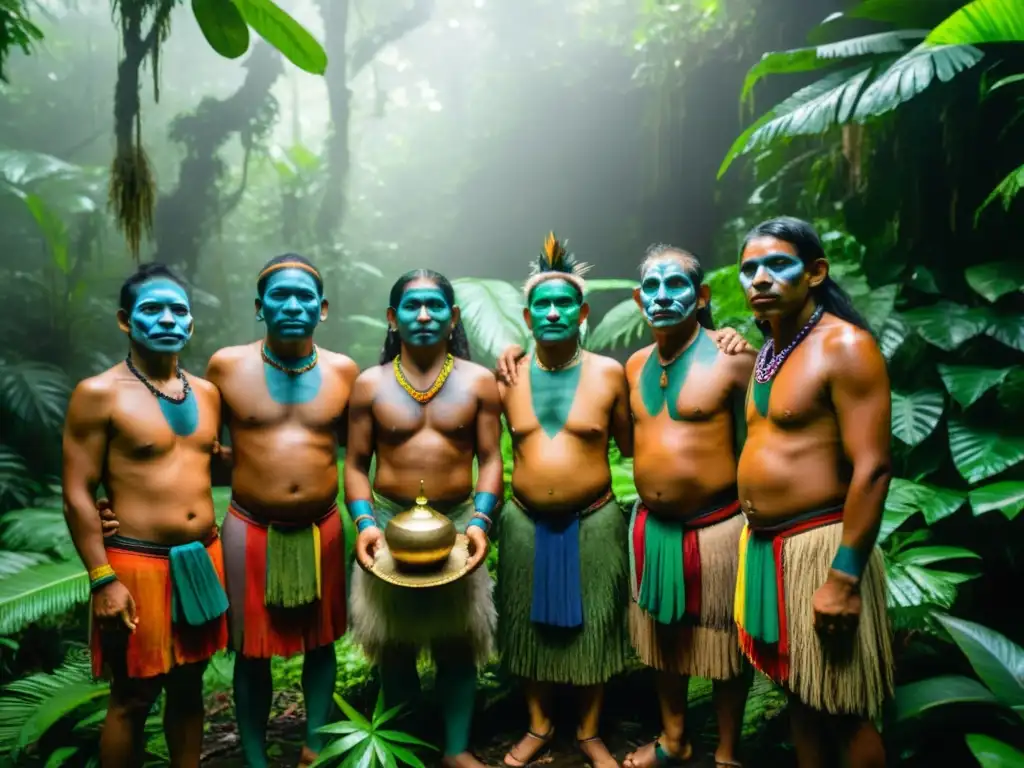 Grupo indígena en la selva amazónica, preparando el uso ritual de Ayahuasca con solemnidad y sabiduría ancestral