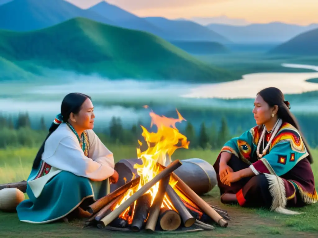 Grupo indígena siberiano celebra el solsticio de verano con ritos festivales alrededor de la hoguera en la vasta Siberia