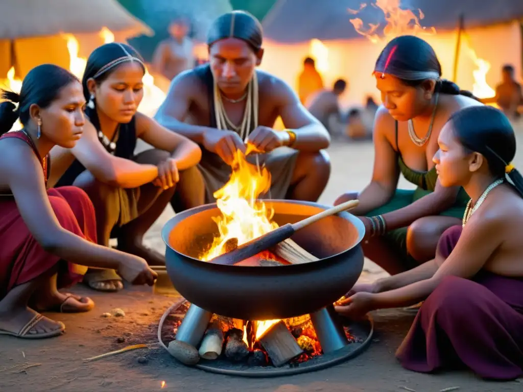 Grupo indígena realizando técnicas ancestrales de cocción en rituales alrededor de una fogata, creando una atmósfera mágica y espiritual