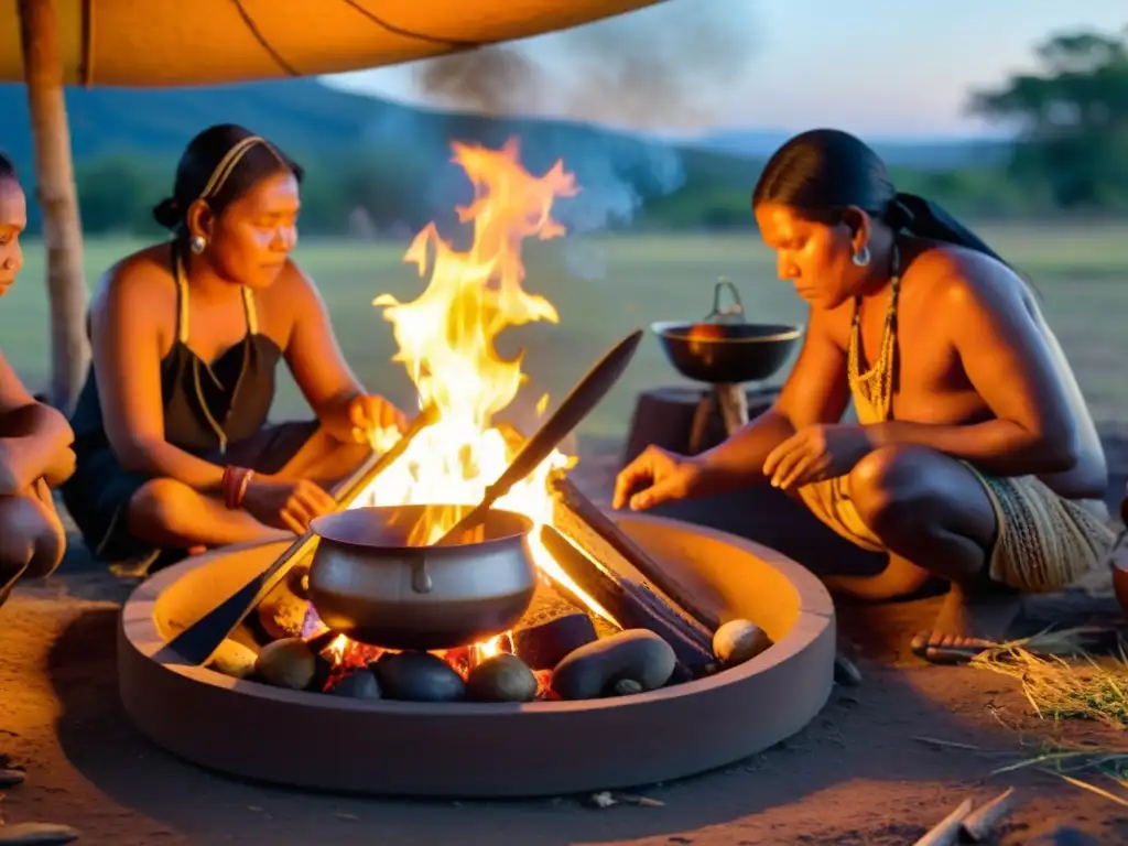 Grupo indígena realiza técnicas ancestrales de cocción en rituales alrededor de una fogata, con utensilios tradicionales y decoración cultural