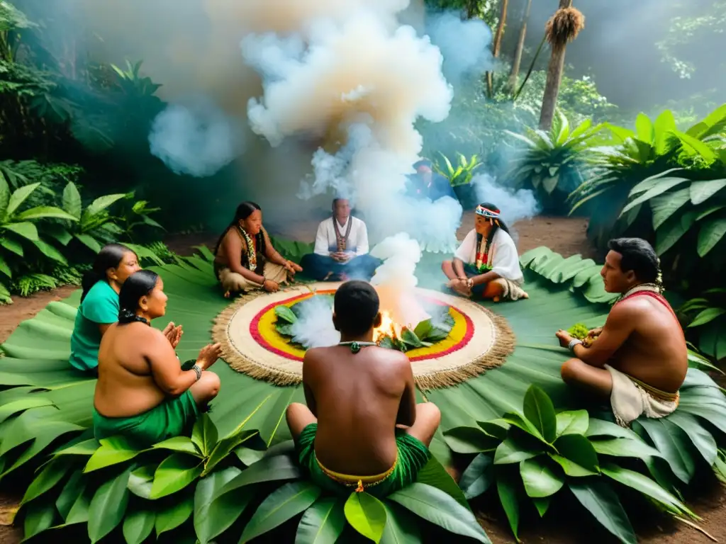 Un grupo de indígenas en ceremonia de la Coca, conectados espiritualmente en la selva