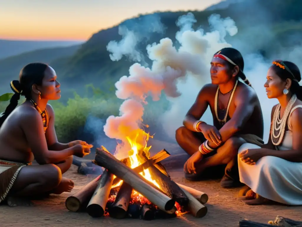 Grupo de indígenas realizando ceremonias aborígenes para supervivencia alrededor de una fogata, en un escenario etéreo y reverente entre la naturaleza