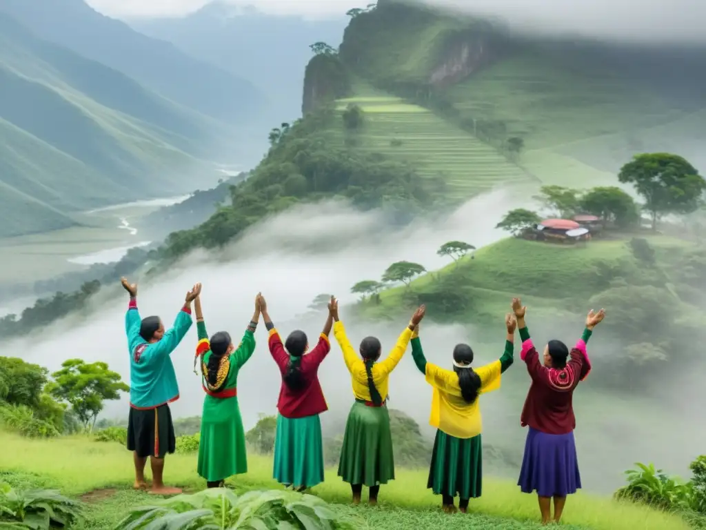 Un grupo de indígenas en círculo en la montaña, vistiendo trajes tradicionales, levantan las manos en agradecimiento por la lluvia