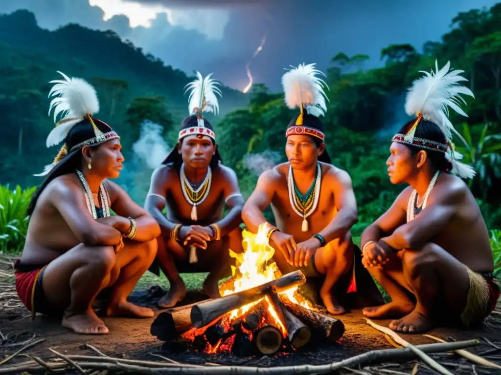 Un grupo de indígenas se reúne alrededor de una fogata en la selva, preparándose para un ritual antiguo en la era moderna