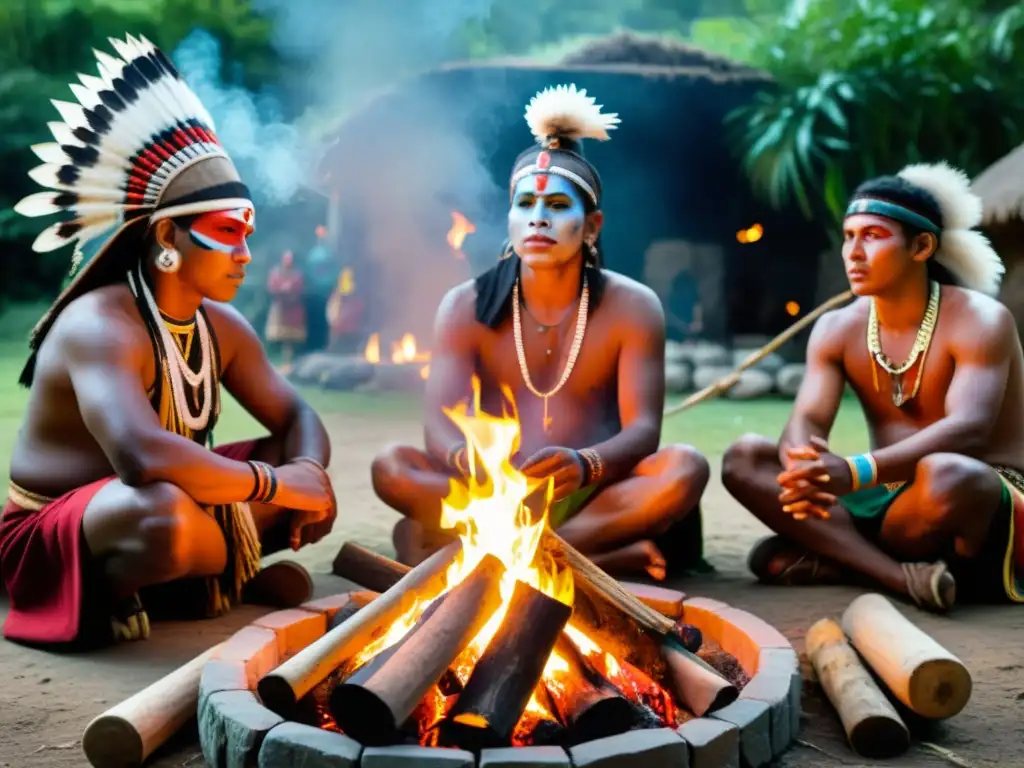 Un grupo de indígenas se reúne alrededor de un fuego ceremonial, vestidos con atuendos tradicionales y pinturas faciales