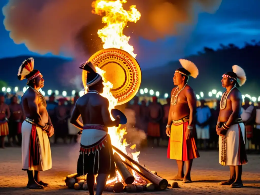 Un grupo de indígenas se reúne alrededor de una gran fogata, con sus rostros iluminados por las llamas mientras realizan un ritual tradicional