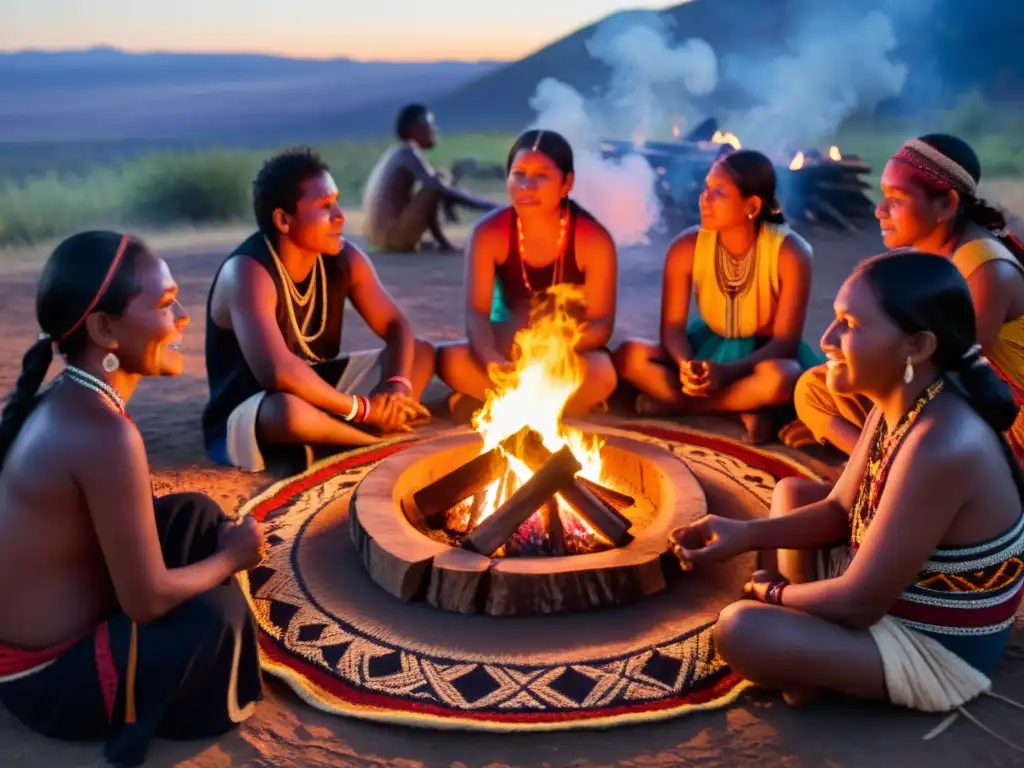 Grupo de indígenas tocando instrumentos y cantando alrededor del fuego, destacando la importancia de la música en rituales