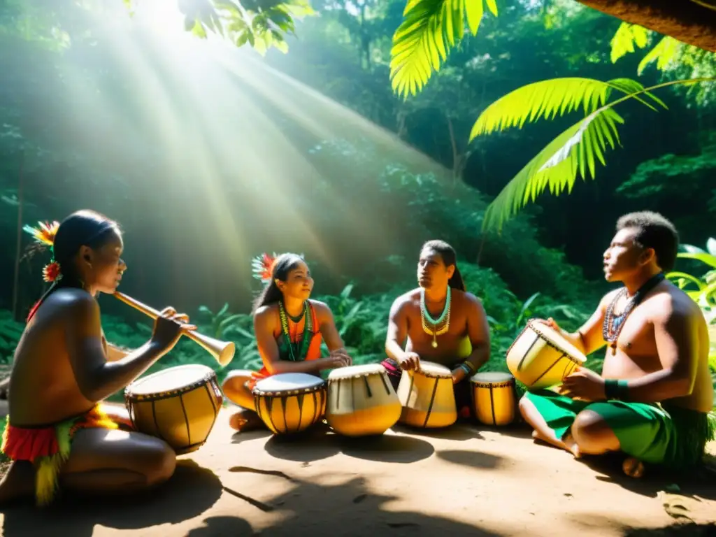 Grupo de indígenas tocando instrumentos musicales en un ritual ancestral en la exuberante selva