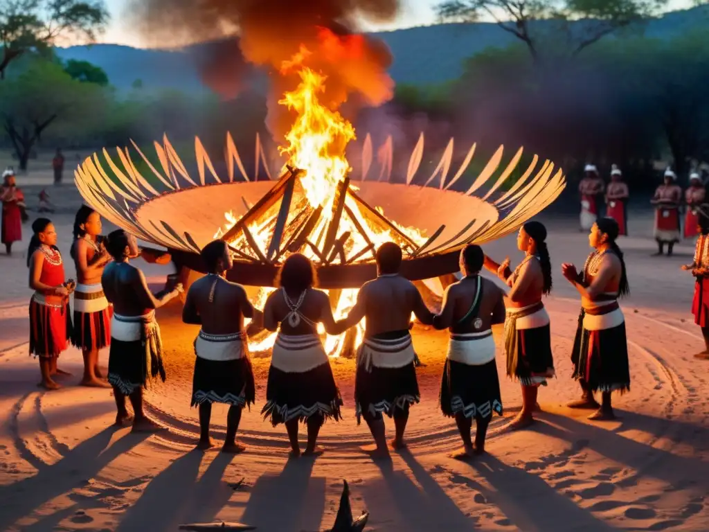 Grupo de indígenas con movimientos rituales danza espíritus alrededor de una fogata, en un ambiente místico y fascinante