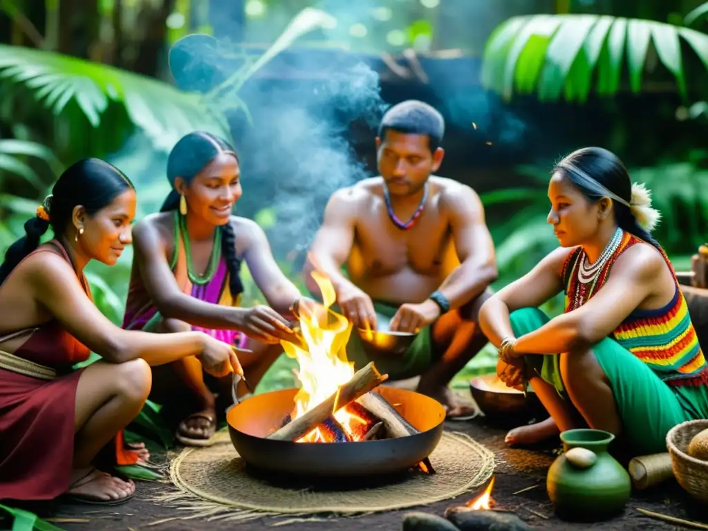 Un grupo de indígenas preparando platos tradicionales en la selva, con atuendos coloridos y expresiones concentradas