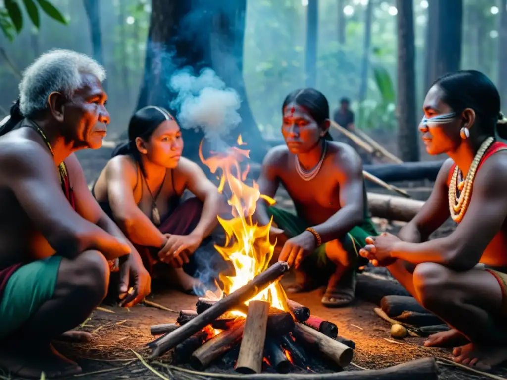 Un grupo de indígenas reunidos alrededor del fuego en un ritual tradicional, transmitiendo sabiduría ancestral