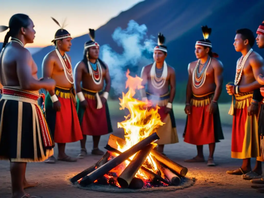 Grupo de indígenas realizando ritual ancestral alrededor de fogata, preservación de rituales ancestrales