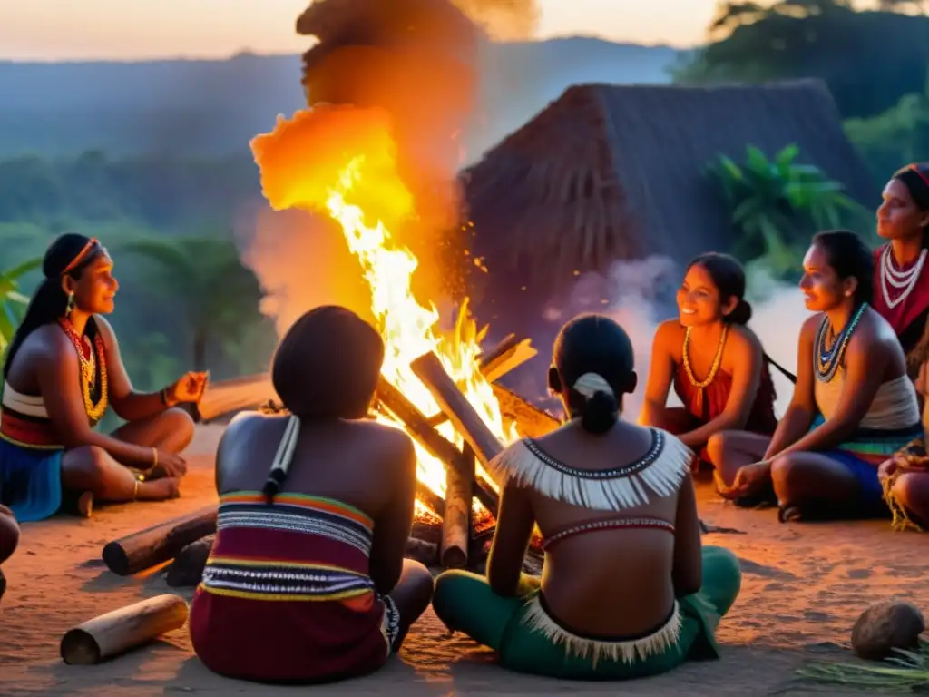 Un grupo de indígenas realiza un ritual ancestral junto a una fogata, con un toque de tecnología