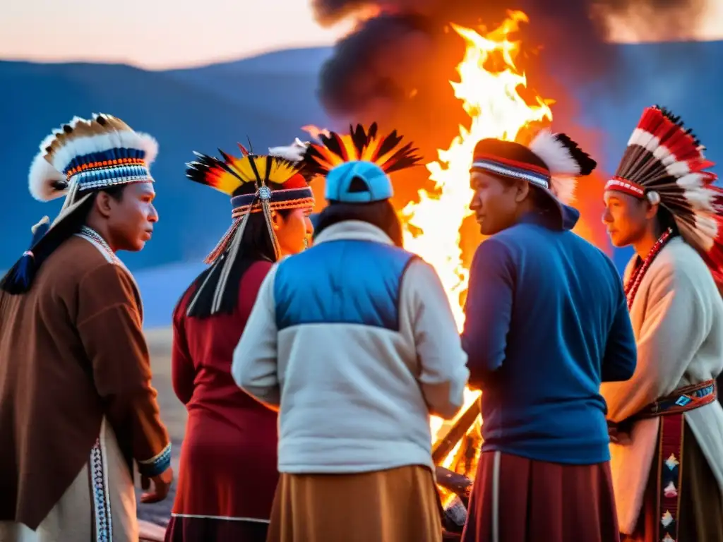 Grupo de indígenas en ritual ancestral solsticio alrededor de fogata, rostros iluminados por las llamas en la hora azul