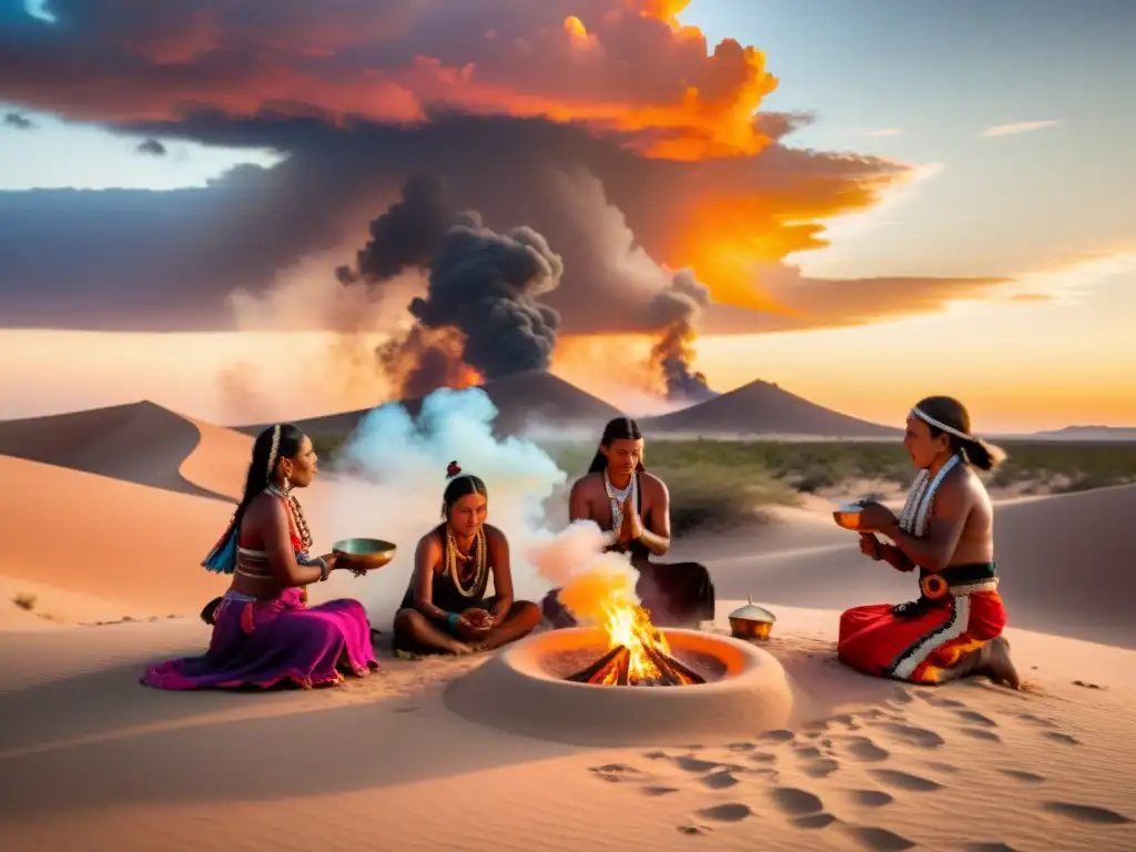 Un grupo de indígenas realiza un ritual de purificación en el desierto, con vestimenta tradicional, humo de hierbas y un atardecer vibrante