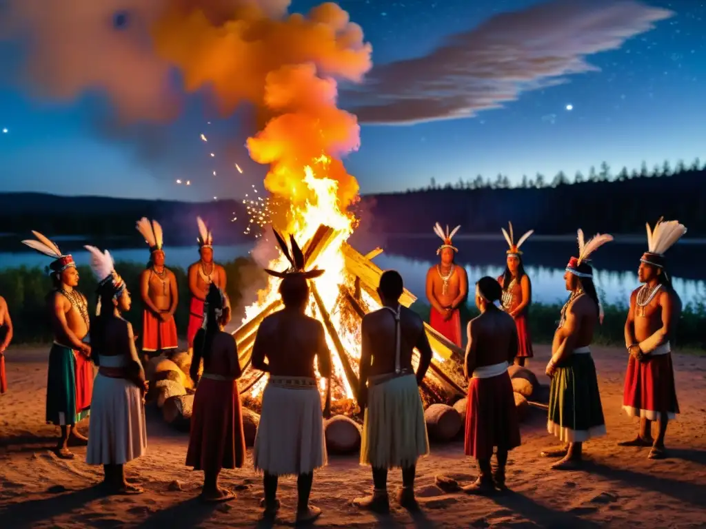 Grupo de indígenas en ritual alrededor de fogata, expresiones intensas, vestimenta tradicional