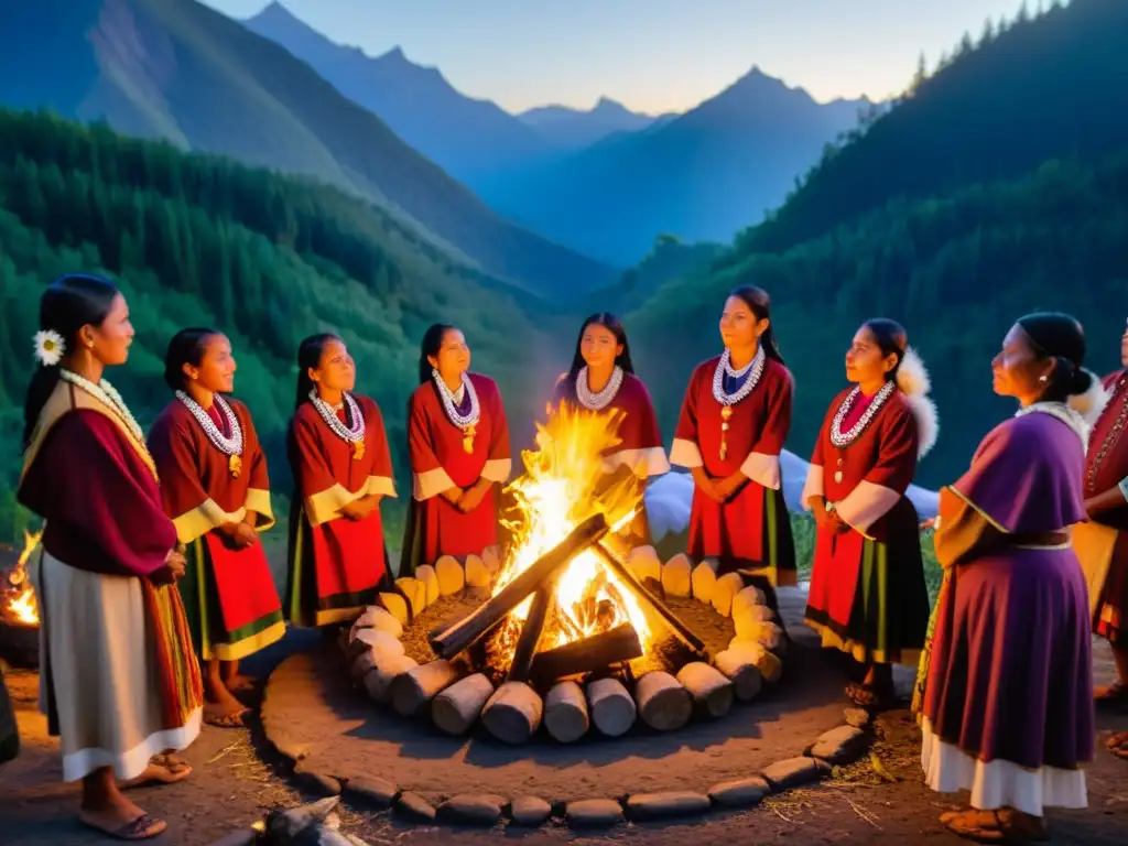 Grupo de indígenas realizando un ritual alrededor de una fogata, con ofrendas de flores y hierbas