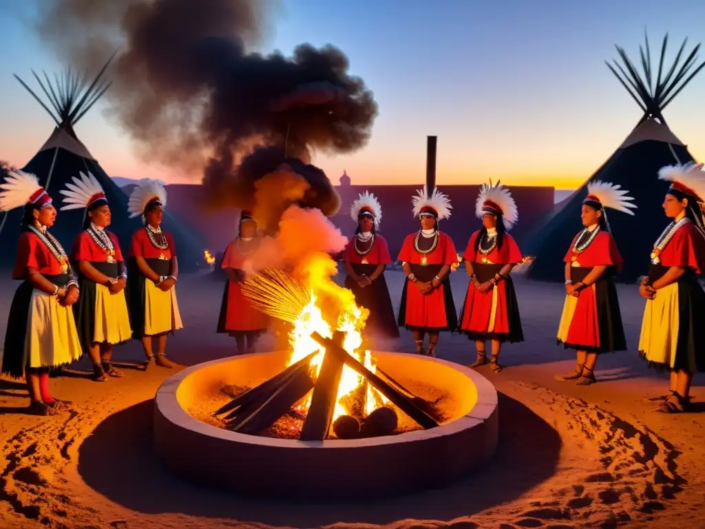 Grupo de indígenas realizando un ritual alrededor de una fogata, en contraste con la arquitectura colonial