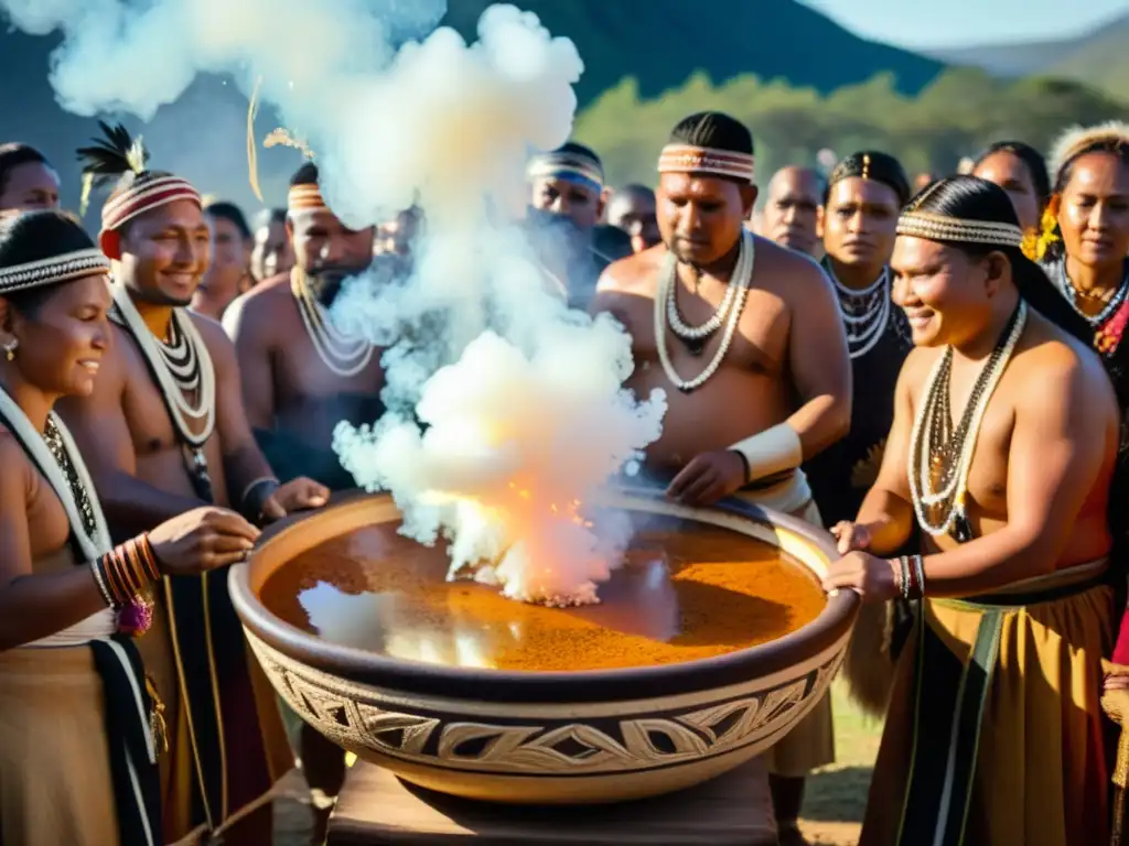 Un grupo de indígenas celebrando un ritual con un recipiente decorado lleno de una bebida burbujeante, en medio de la exuberante jungla