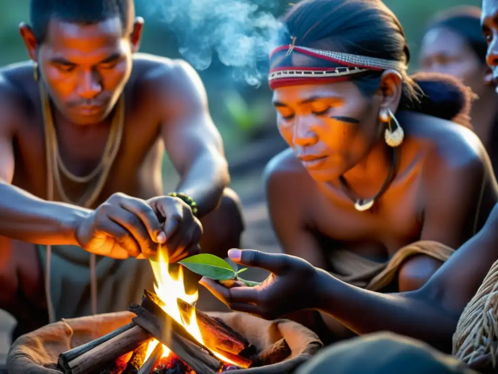 Un grupo de indígenas realiza rituales ancestrales con aceites esenciales alrededor del fuego, mostrando tradición y sabiduría