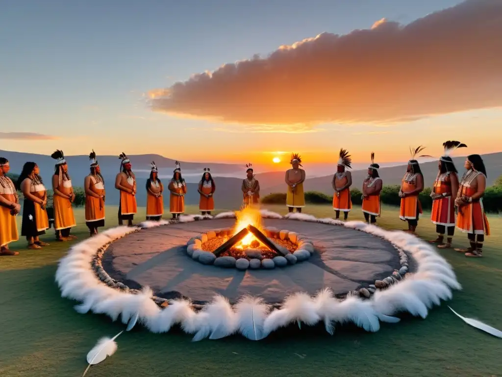 Grupo de indígenas realizando rituales ancestrales solsticio al atardecer, rodeados de piedras antiguas y una luz naranja mística