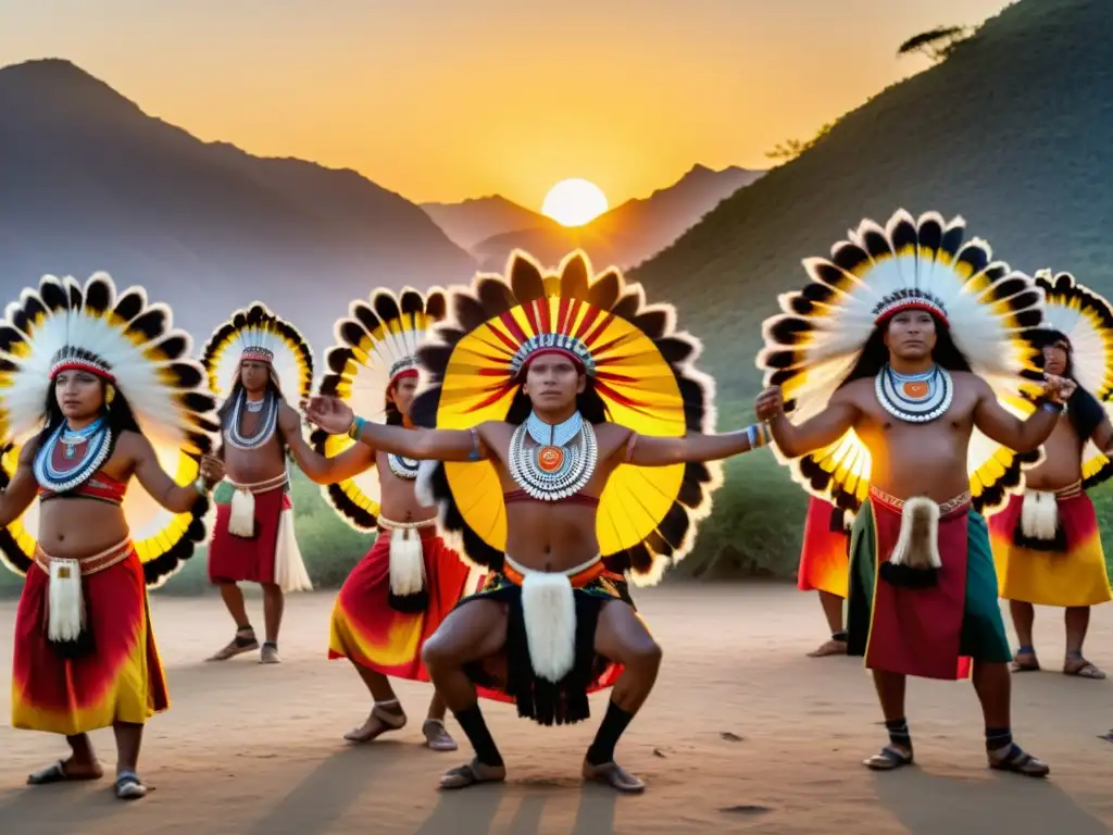 Un grupo de indígenas realiza rituales ancestrales equinoccio primavera al amanecer, con vestimenta colorida y movimientos ceremoniales