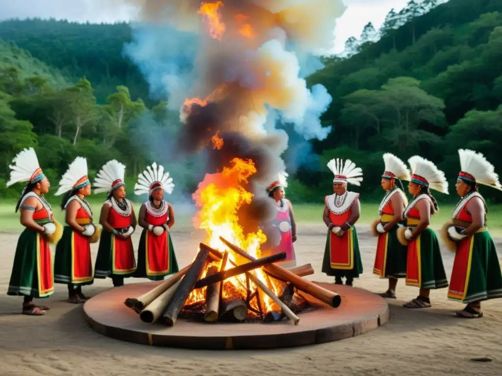 Grupo de indígenas reviviendo rituales festivos en la selva con danzas y atuendos tradicionales