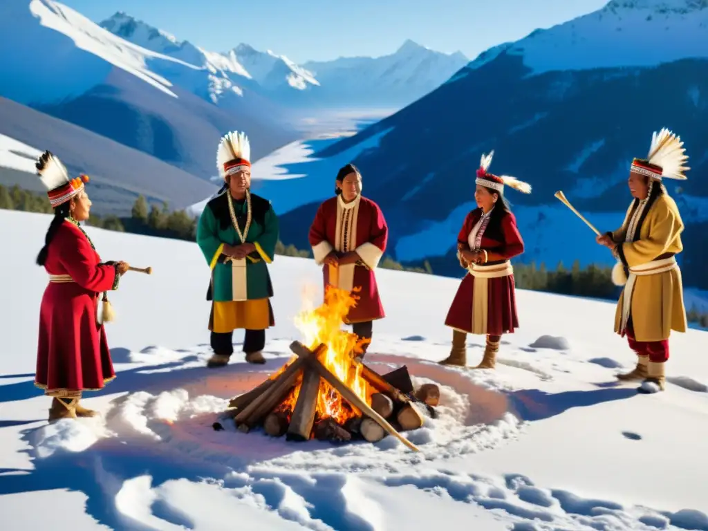 Grupo de indígenas celebrando rituales de fiestas de invierno en la nieve, con trajes tradicionales coloridos