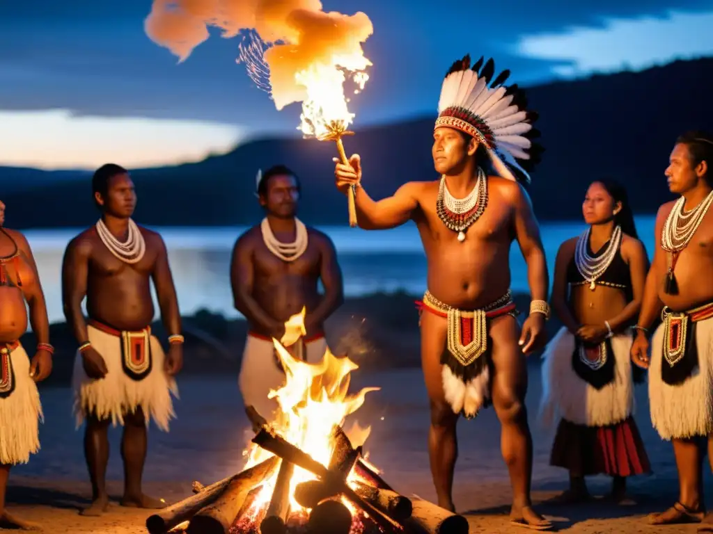 Grupo de indígenas realizando rituales de paso en culturas, rodeados de fuego y misticismo en la noche