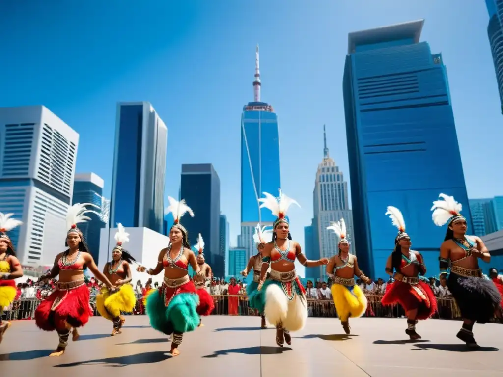 Grupo de indígenas bailando rituales en plaza urbana, mezcla de tradición y cultura contemporánea