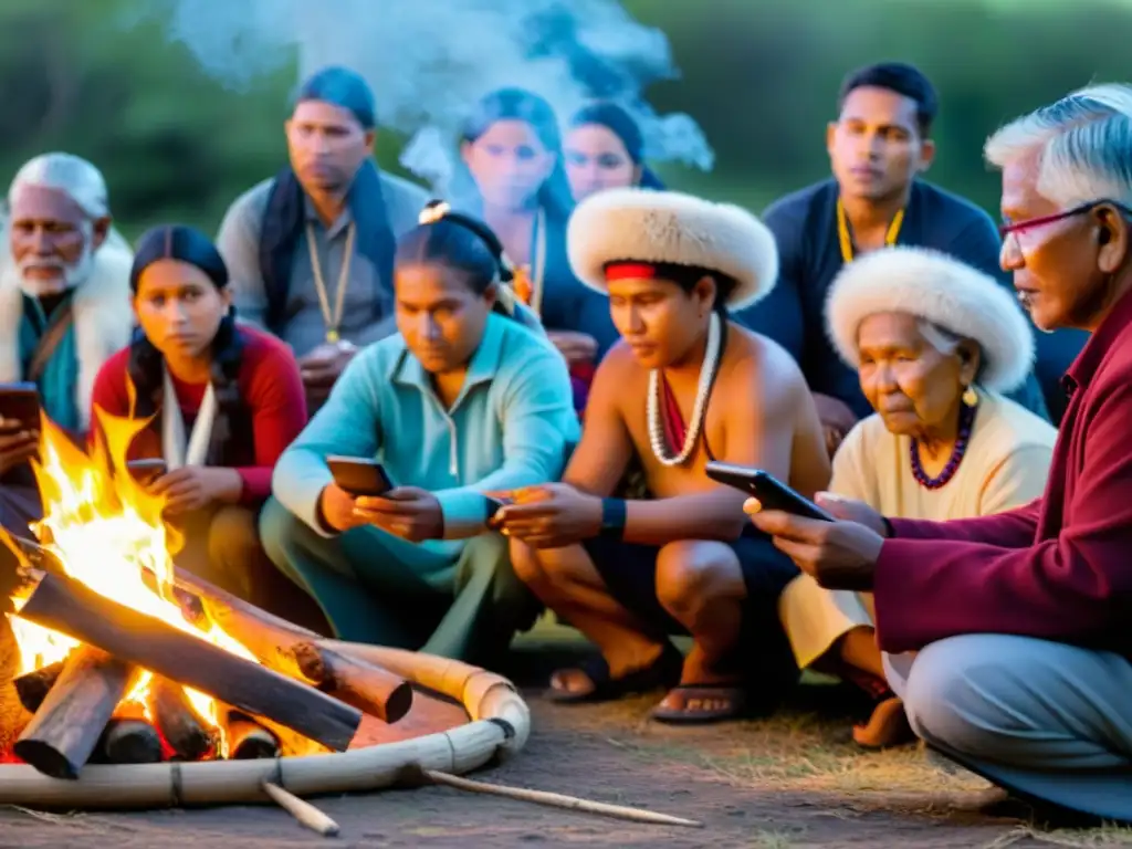 Grupo de indígenas preservando rituales a través de aplicaciones, en una escena de calidez y tradición en la naturaleza