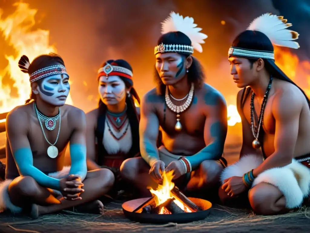 Un grupo de indígenas siberianos se prepara para una ceremonia de trance alrededor del fuego, con expresiones de reverencia y conexión espiritual