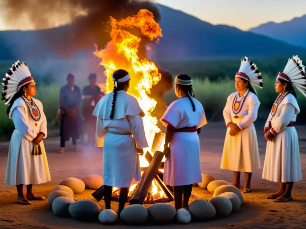 Un grupo de indígenas con trajes ceremoniales coloridos rodea un fuego al atardecer, resaltando la importancia del color en rituales