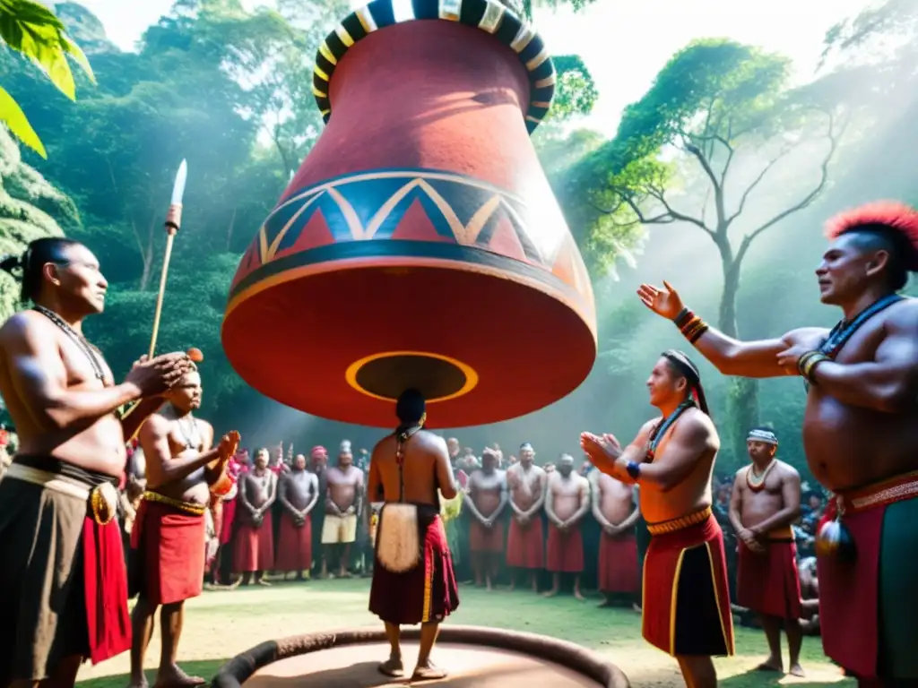 Un grupo de indígenas en vestimenta tradicional realiza un ritual con un gran recipiente de barro lleno de líquido rojo en la selva