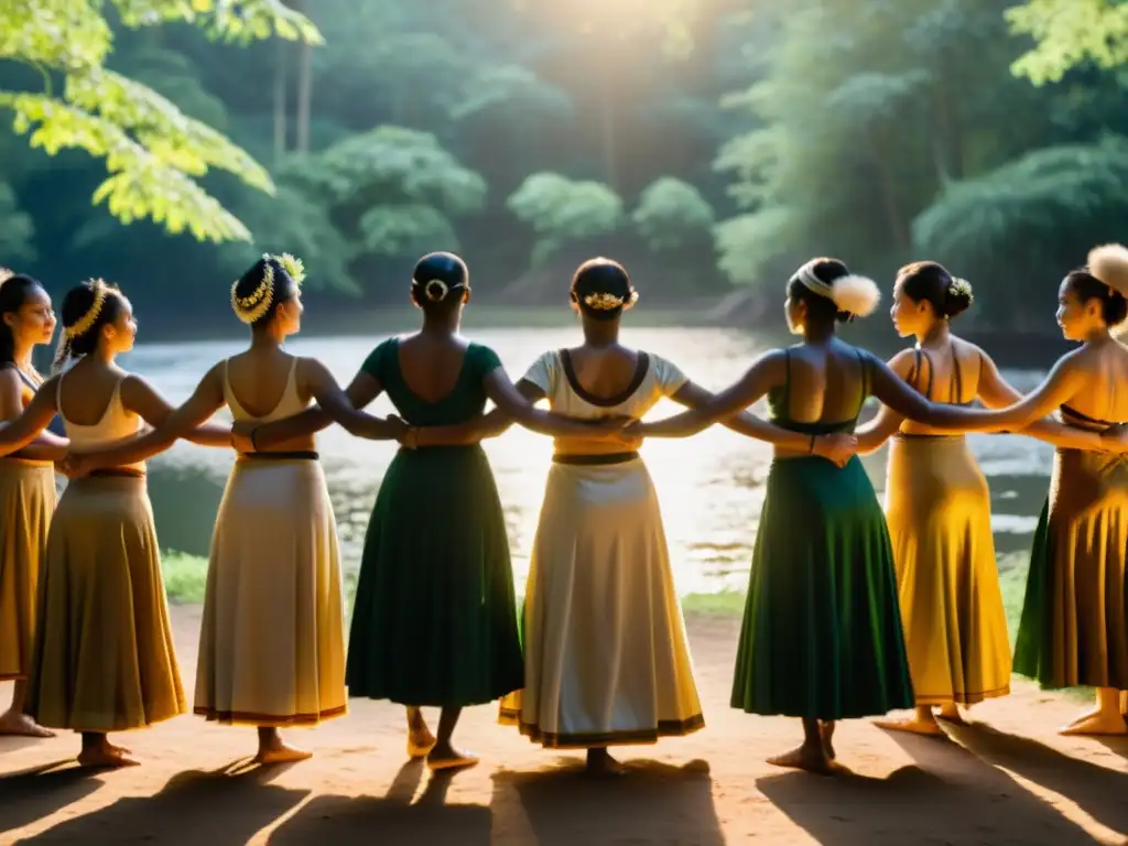 Un grupo de individuos diversos bailando danzas ceremoniales del mundo en un claro del bosque al atardecer