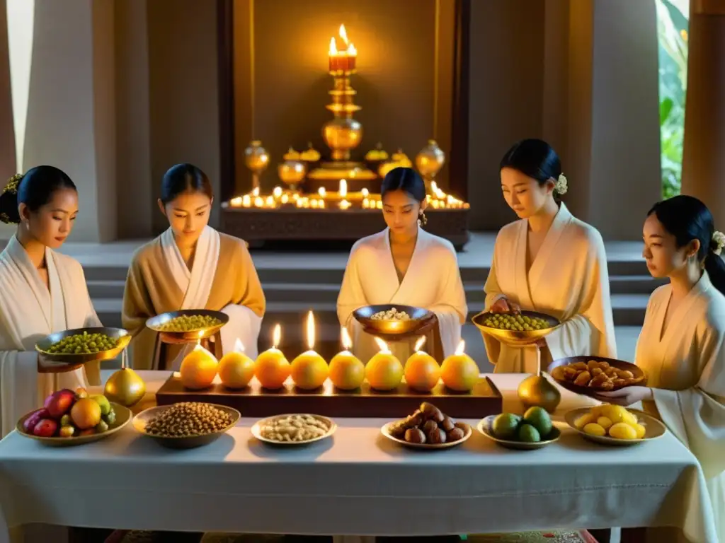 Un grupo de individuos en túnicas preparando comidas rituales religiosas en un templo iluminado por velas