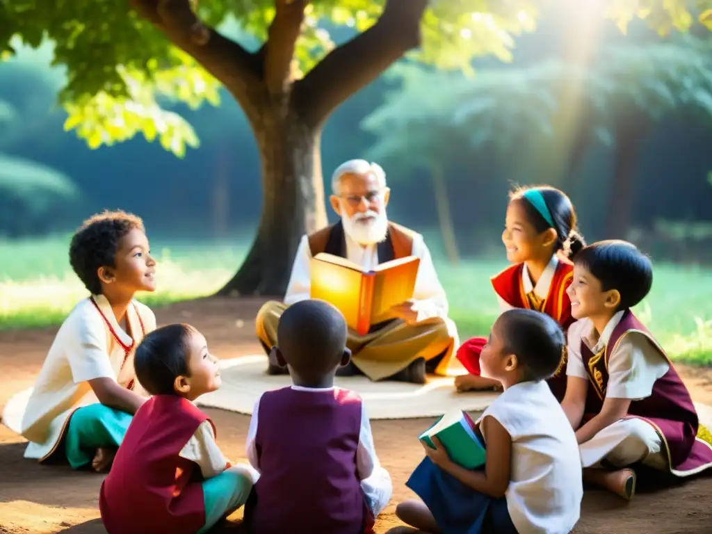 Grupo infantil escucha emocionado a un anciano narrador en un entorno diverso y vibrante, celebrando rituales narrativos infancia culturas