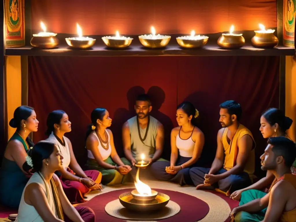 Grupo inmerso en un canto sagrado en un templo ornamentado, con una atmósfera espiritual y conexiones ancestrales