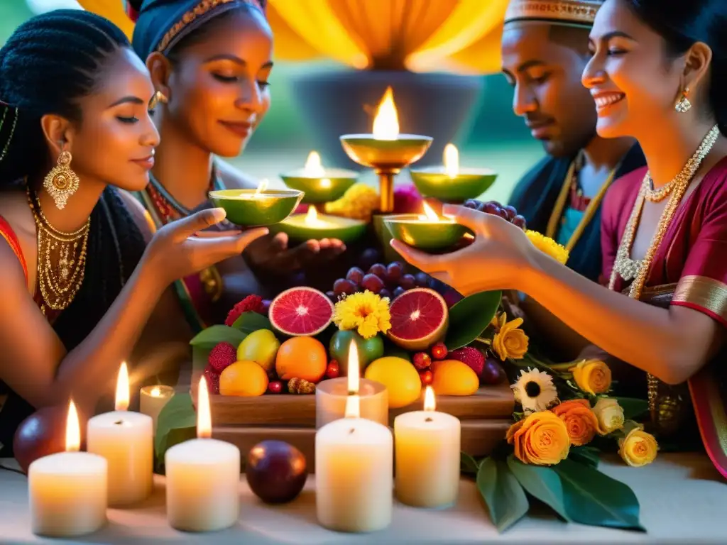 Grupo inmerso en ritual de agradecimiento y prosperidad en vibrante altar adornado, expresando gratitud y comunidad