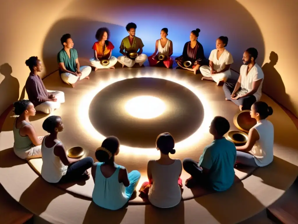 Grupo inmerso en rituales de terapia de sonido con instrumentos musicales, expresando paz y conexión espiritual