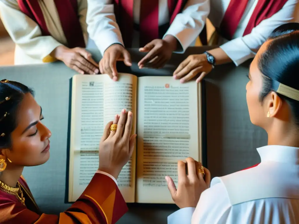 Grupo de intérpretes en atuendos tradicionales analizando un texto sagrado durante un ritual políglota, con técnicas de interpretación y expresiones centradas en la complejidad del momento