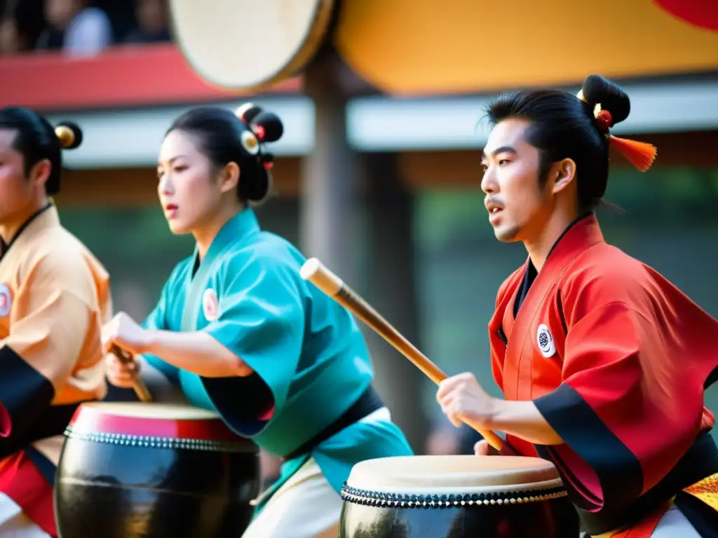 Grupo de taiko japoneses en ceremonias, ejecutando con pasión y fuerza, envueltos en colores vibrantes y significado cultural