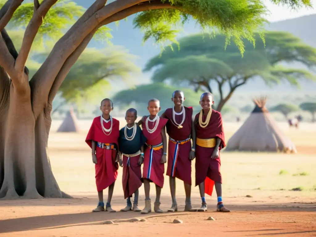 Grupo de jóvenes Masái danzando bajo un árbol en la savana africana en ritos de pasaje Masái